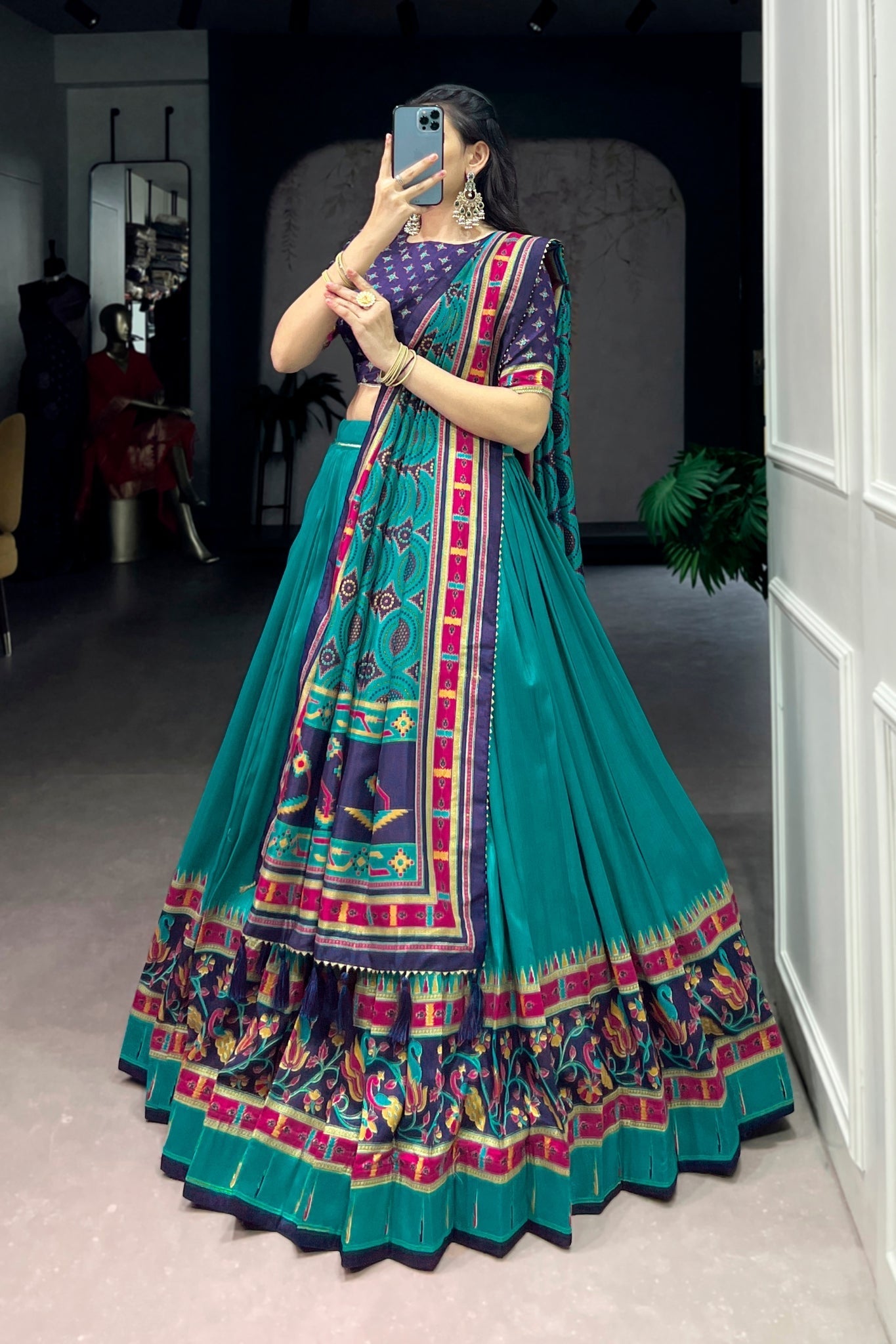 Sky Blue Printed Tasar Silk Festive Lehenga Choli for Women