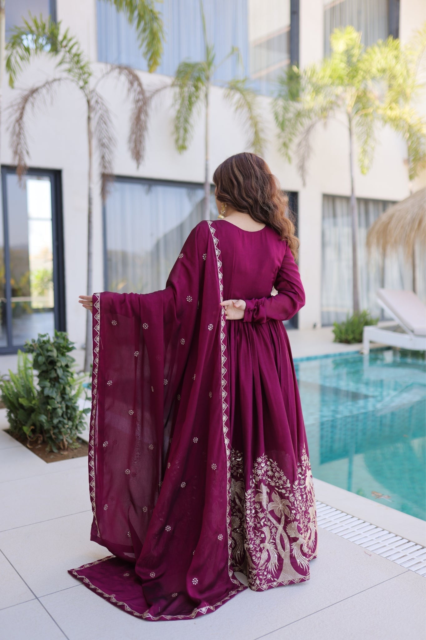 Wine Rangoli Crush Sequins Multi Embroidery Anarkali Suit for Women