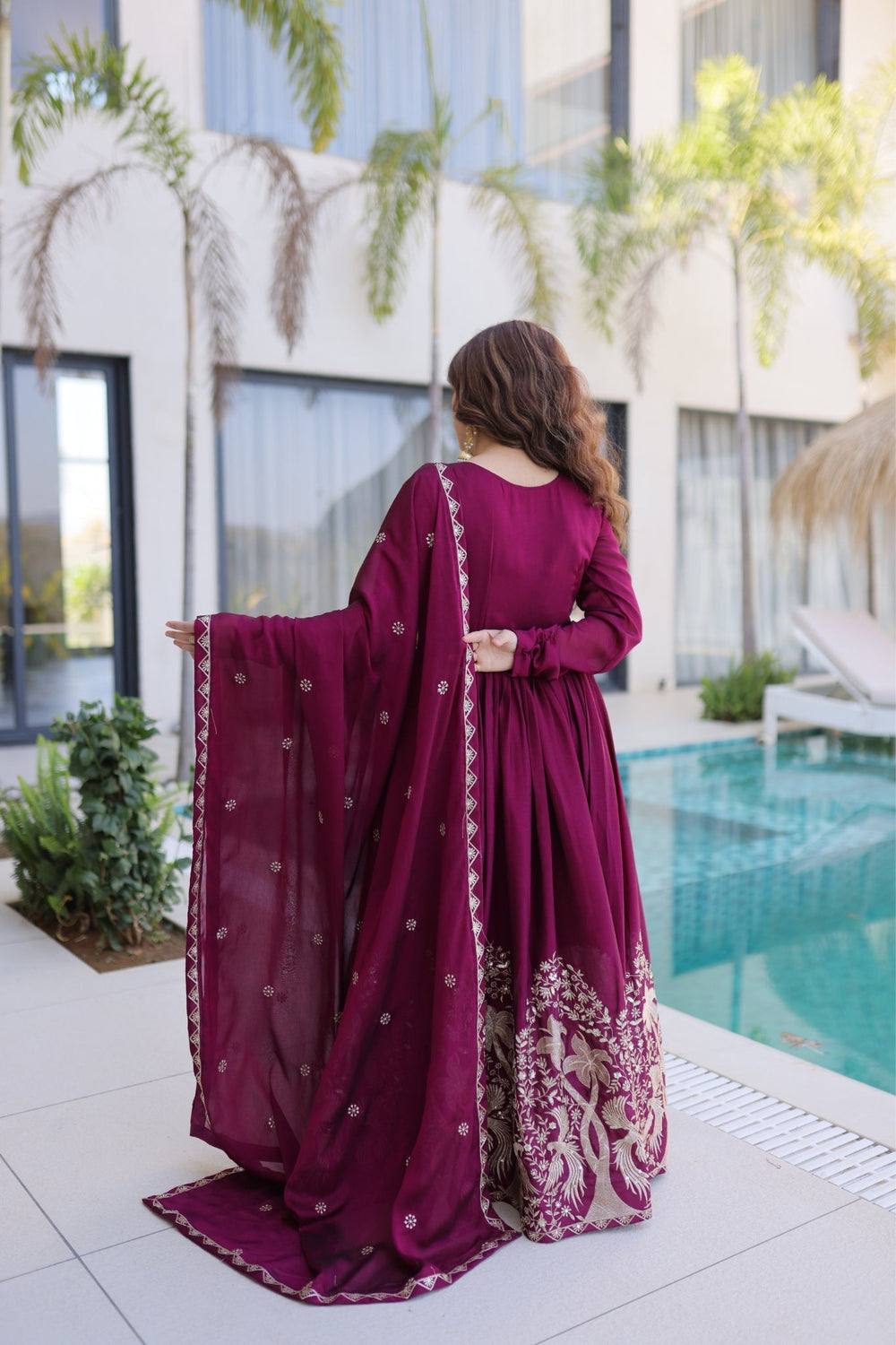 Wine Rangoli Crush Sequins Multi Embroidery Anarkali Suit for Women