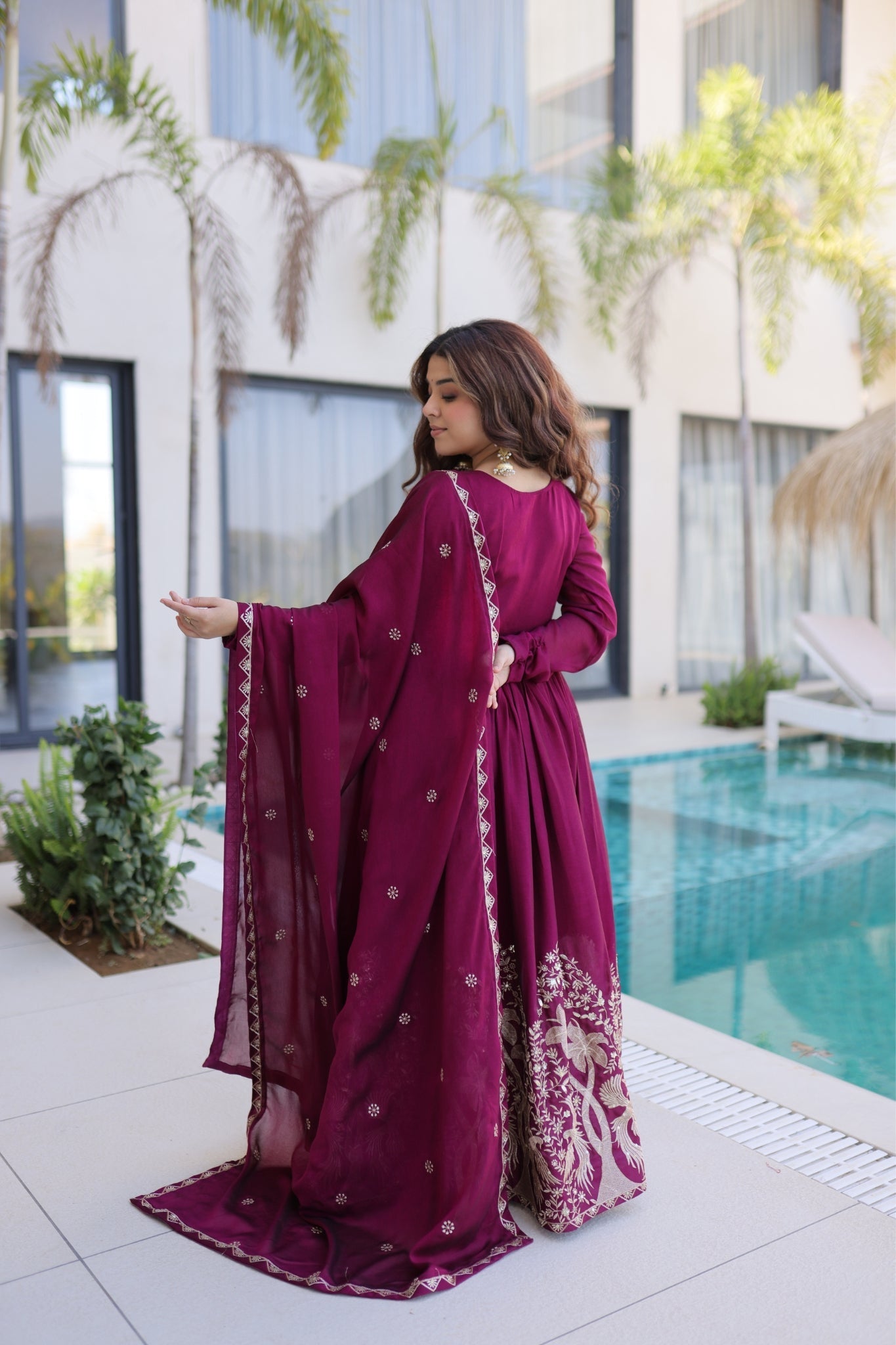 Wine Rangoli Crush Sequins Multi Embroidery Anarkali Suit for Women