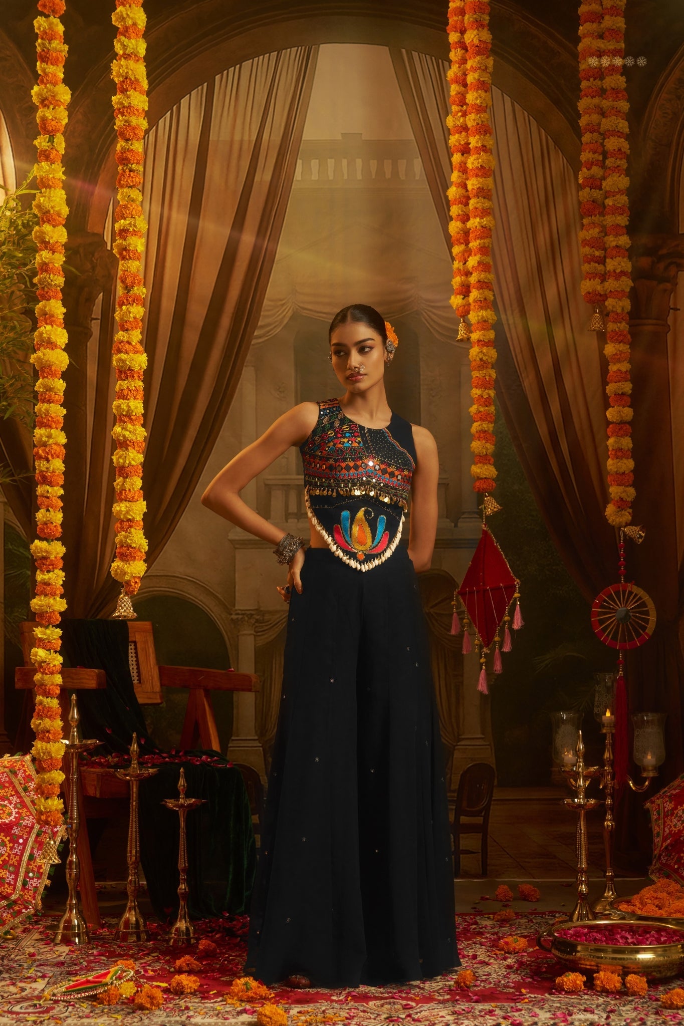 Black Georgette Thread Mirror Shell Handwork Festive Co-ord Set for Women