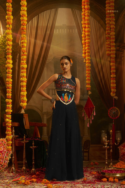 Black Georgette Thread Mirror Shell Handwork Festive Co-ord Set for Women