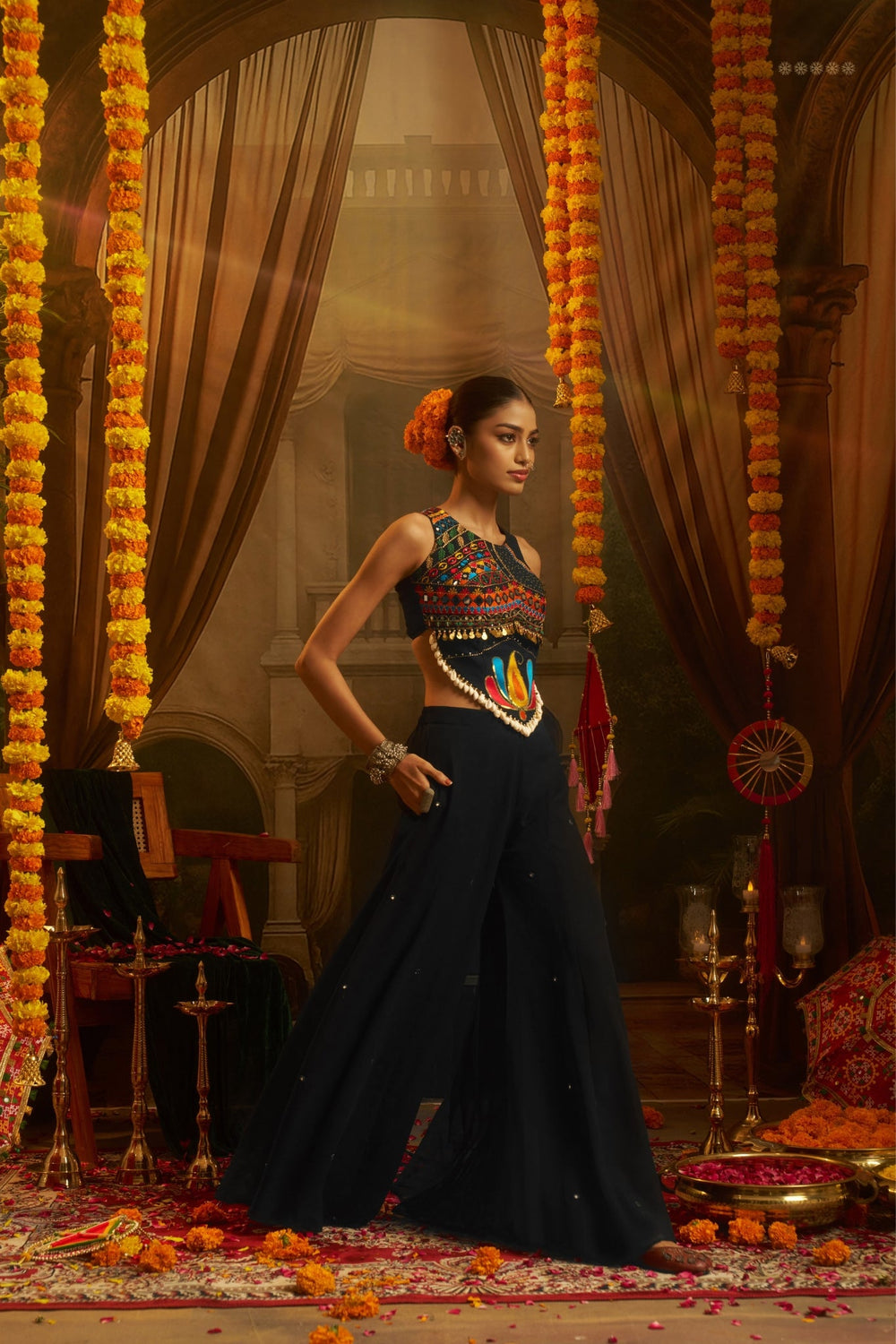 Black Georgette Thread Mirror Shell Handwork Festive Co-ord Set for Women