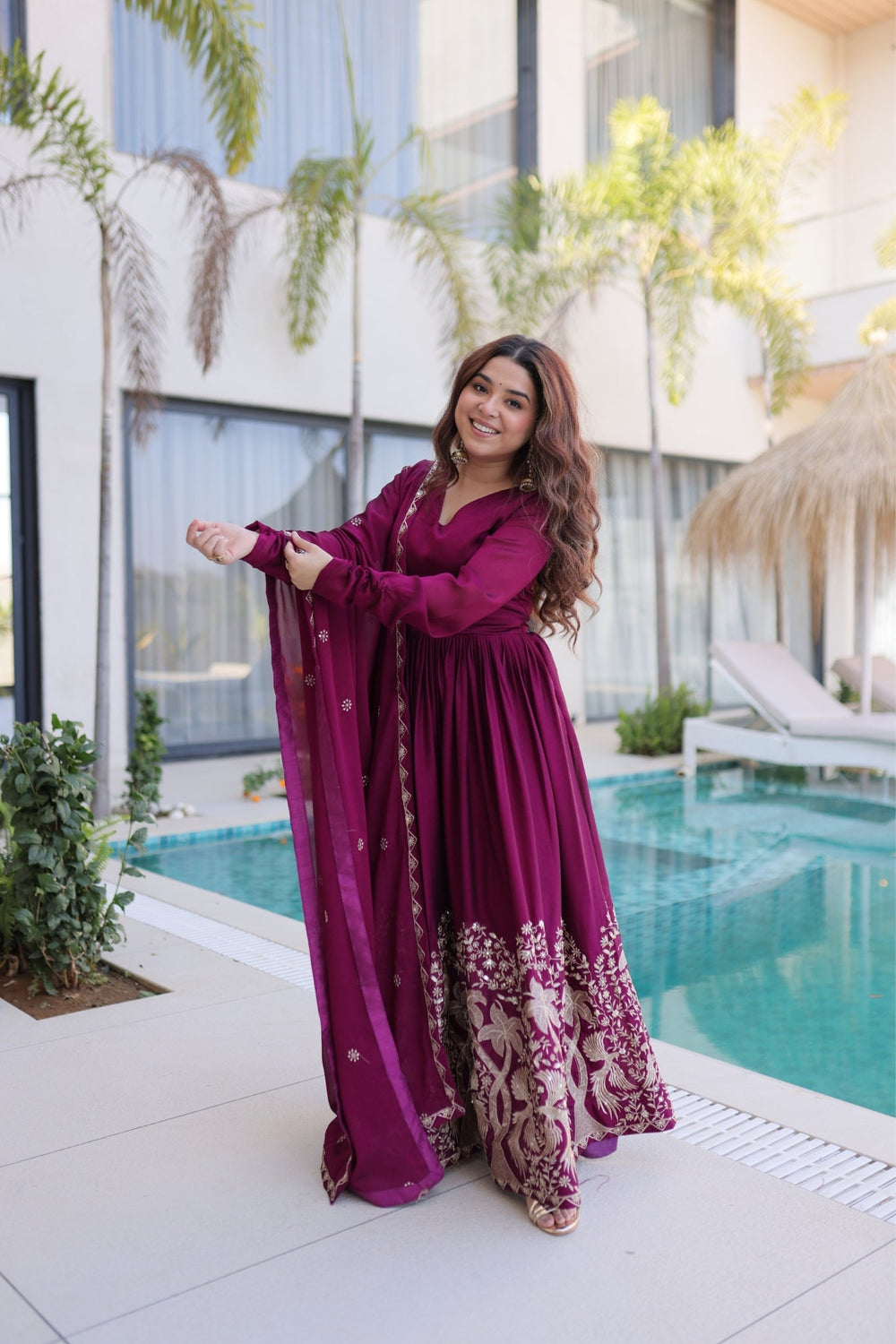 Wine Rangoli Crush Sequins Multi Embroidery Anarkali Suit for Women