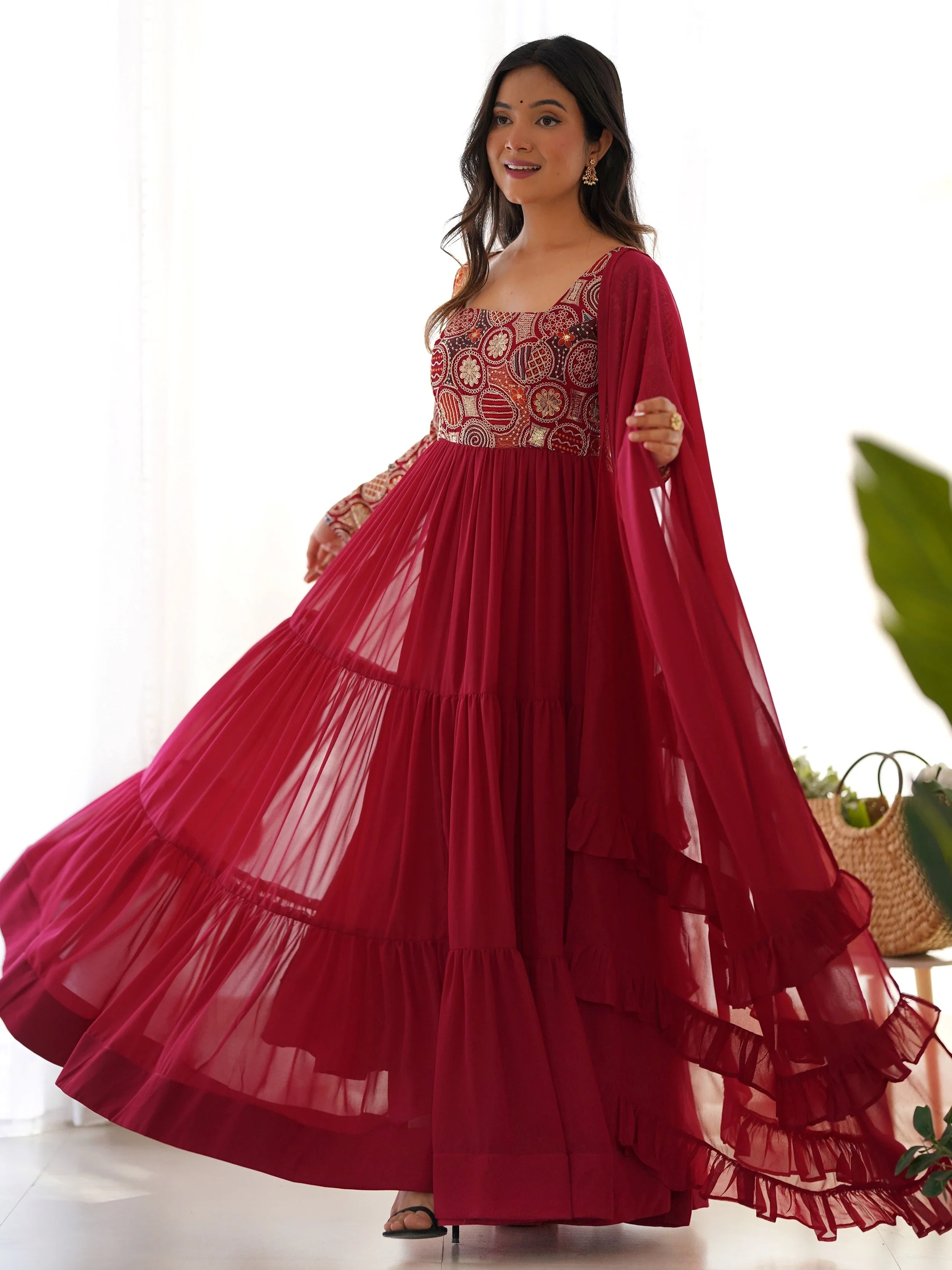 Maroon Embroidered Georgette Festive Wear Gown With Dupatta for Women