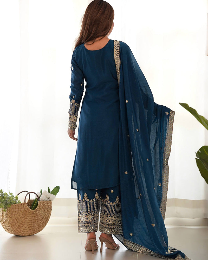 Morpich Chinon Silk Three Piece Festive Kurti Suit for Women