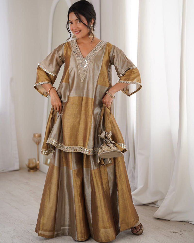 Grey Color Two - Tone Tissue Silk Embroidered Plazzo Suit - Zimonza