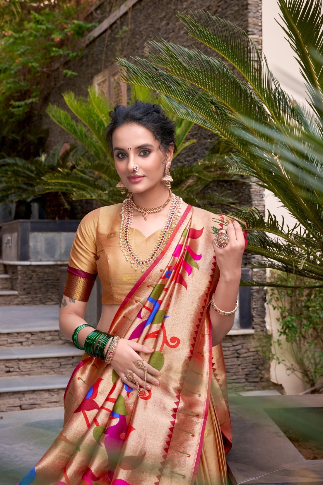 Chiku Paithani Jacquard Silk Lehenga Set with Zari Weaving Work