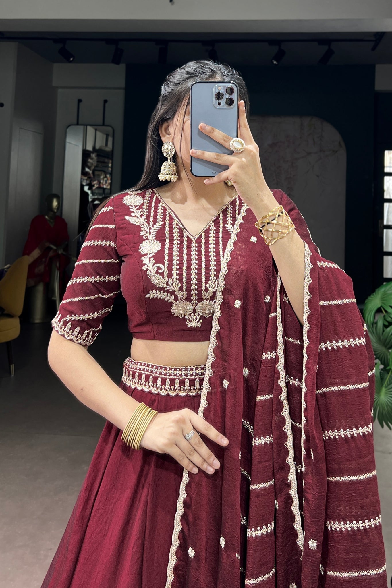 Premium Maroon Rangoli Crush Lehenga Choli Set - Zimonza
