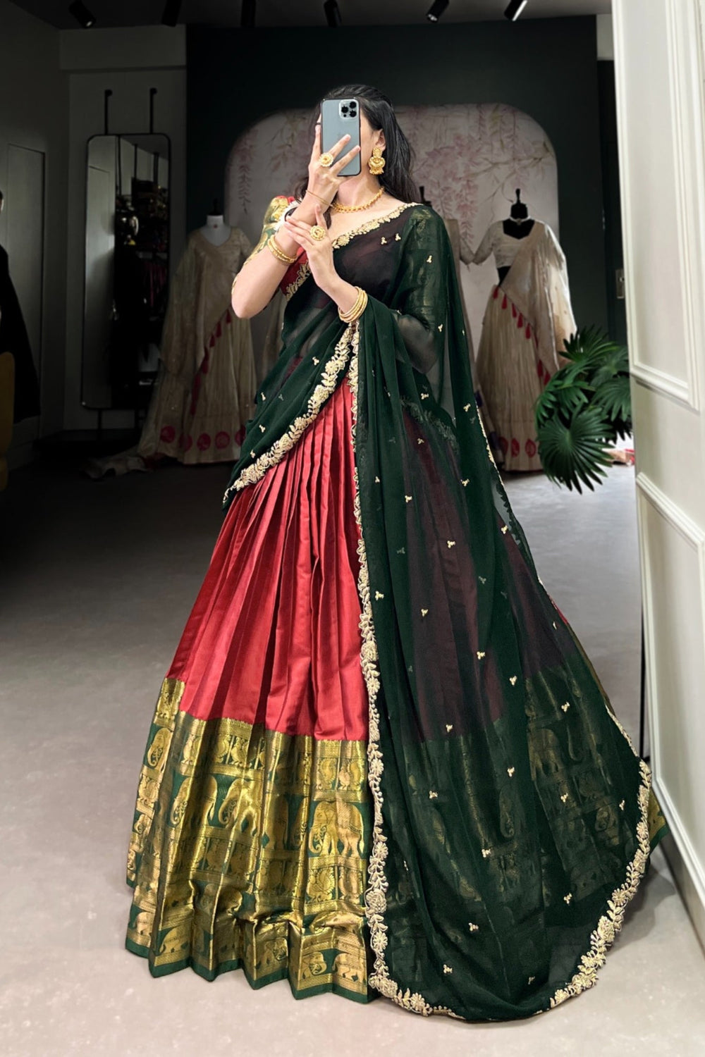 Red Tarika Narayan Pattu South Indian Lehenga Set