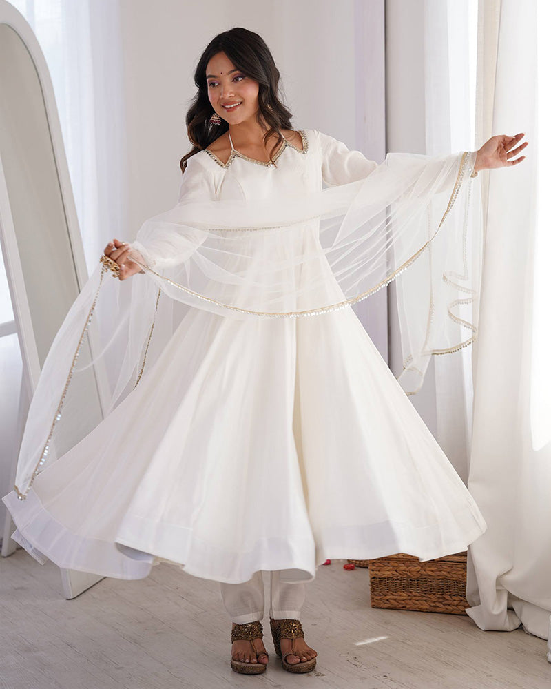 White Refined Chanderi Roman Silk Anarkali Suit for Women