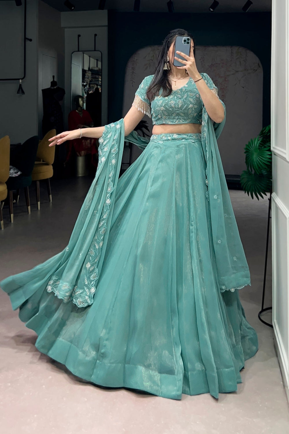 Sea Green Beads Thread Embroidered Wedding Lehenga Choli for Women