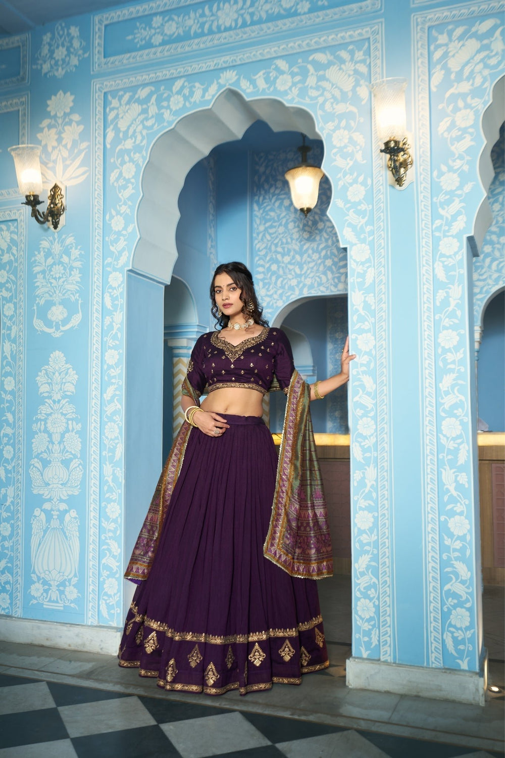 Stunning Vichitra Silk Embroidery Sequins Worked Lehenga Choli Set - Zimonza