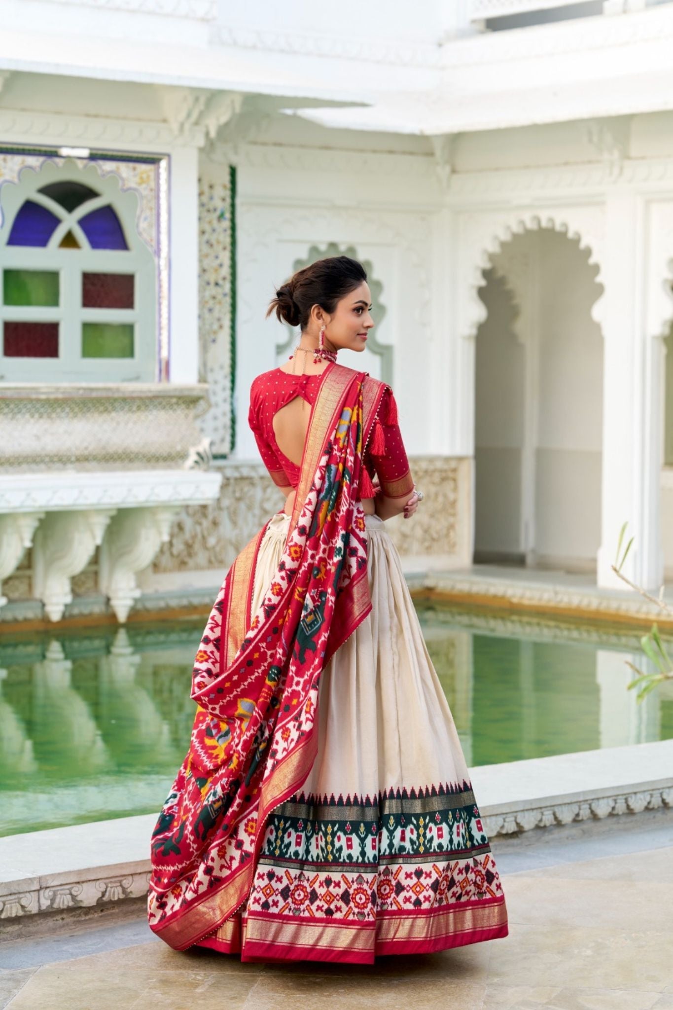 Off White Tussar Silk Patola Printed With Foil Work Lehenga Choli