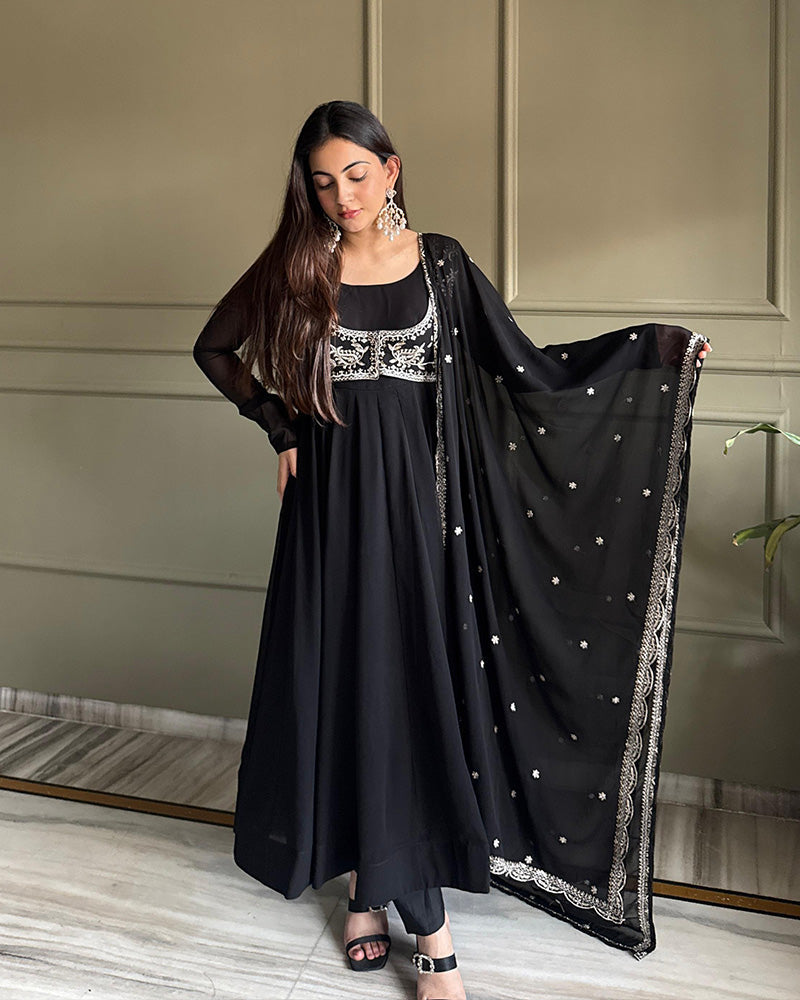 Black Georgette Embroidered Party Anarkali Suit for Women