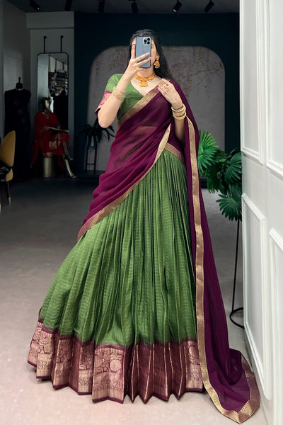 Mehndi Zari Weaving Embroidered Festive Lehenga Choli for Women