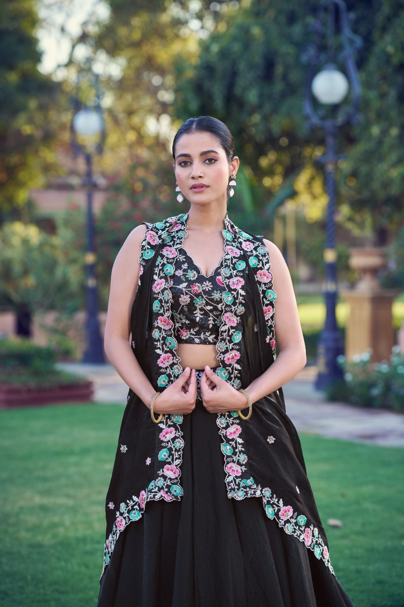 Black Fendi Embroidery Sequins Worked Lehenga Choli Set - Zimonza