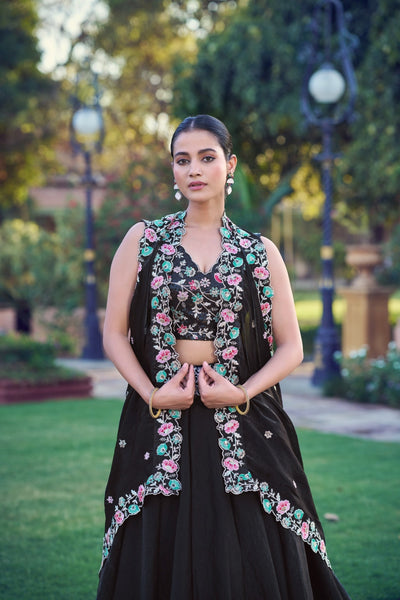 Black Fendi Embroidery Sequins Worked Lehenga Choli Set - Zimonza