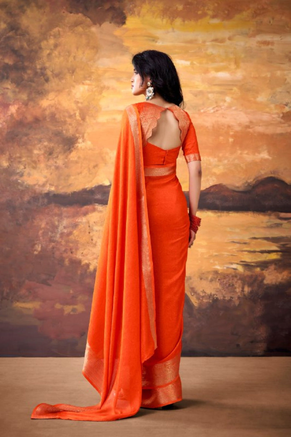 Orange Marshmallow Silk Woven Contrast Border Festive Saree for Women