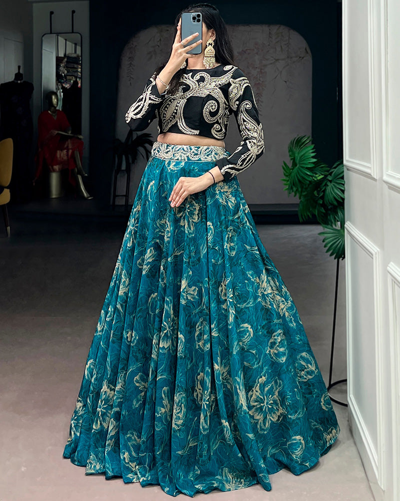 Blue Eye Catching Tussar Silk Printed Embroidered Lehenga Choli for Women
