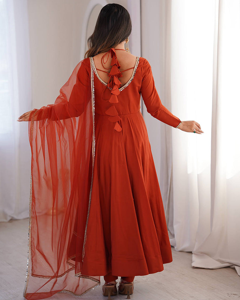 Rust Refined Chanderi Roman Silk Anarkali Suit for Women