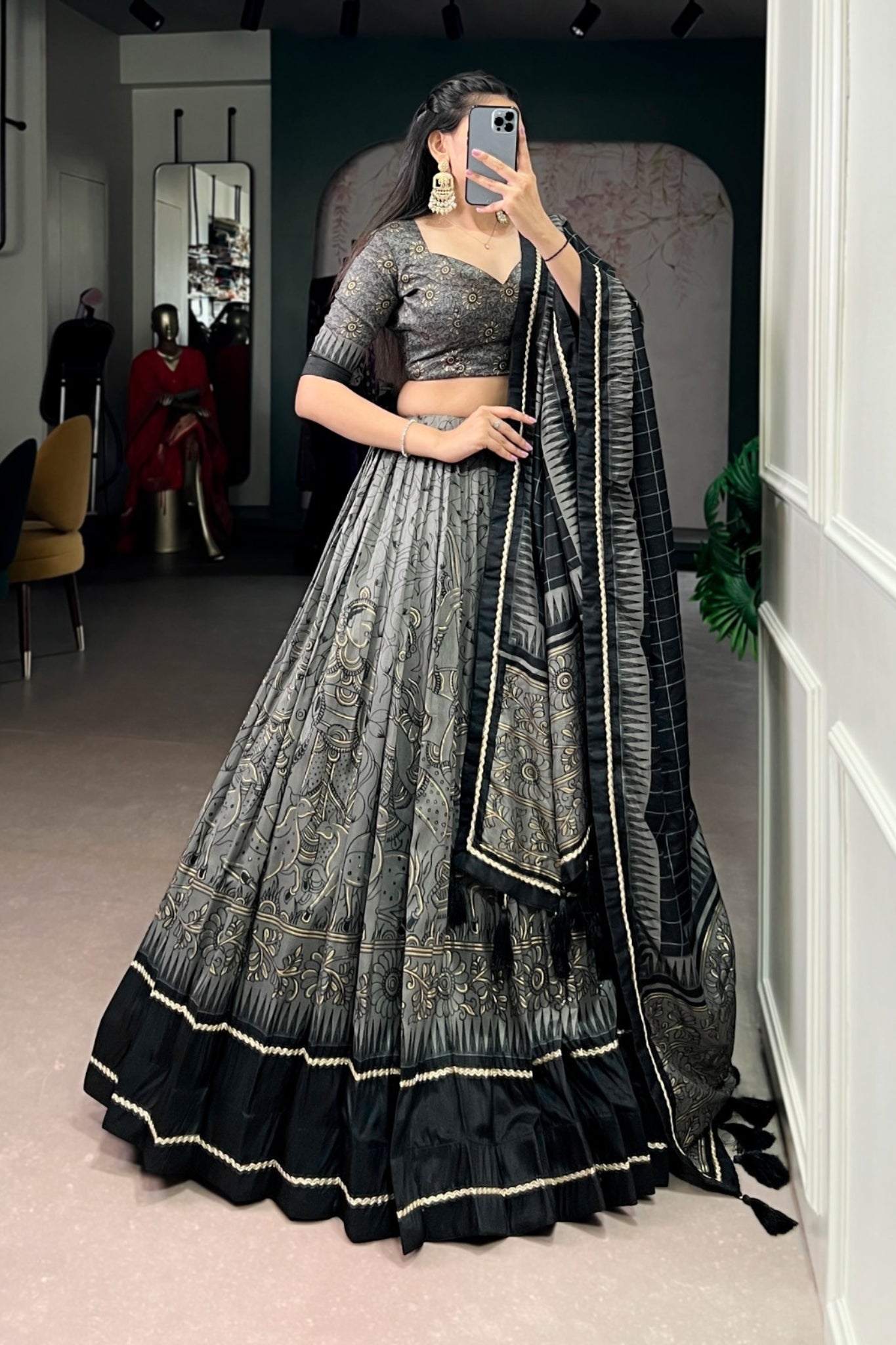 Grey Festive Kalamkari Printed Tasar Silk Lehenga Choli With Dupatta
