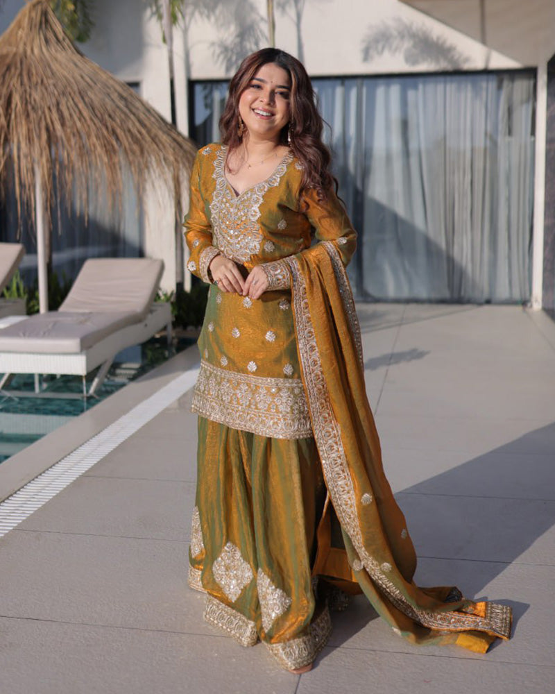 Golden Olive Fendi Crush Embroidered Palazzo Suit for Women