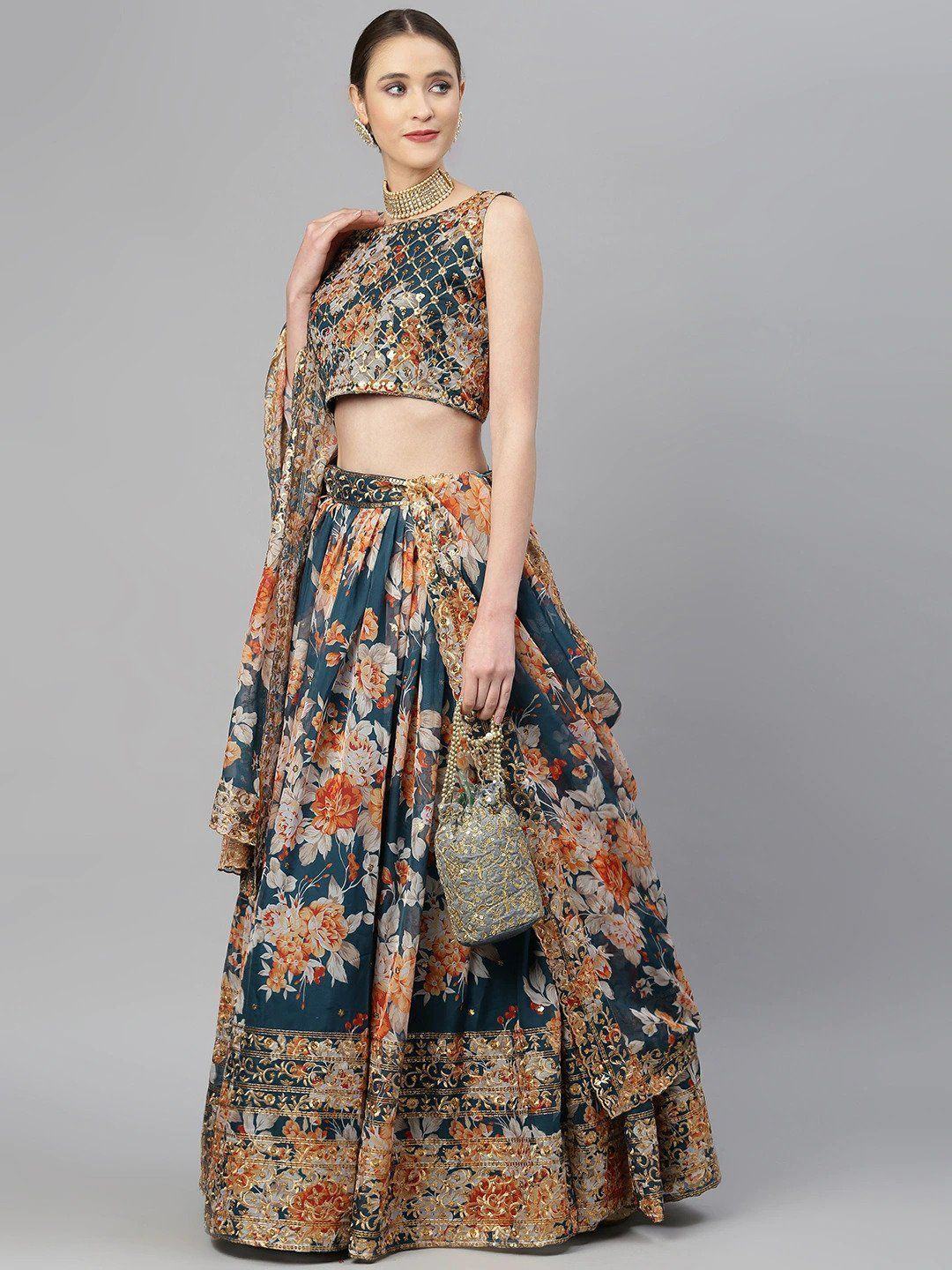 Organza lehenga choli with sequin embellishment and floral embroidery for wedding occasions