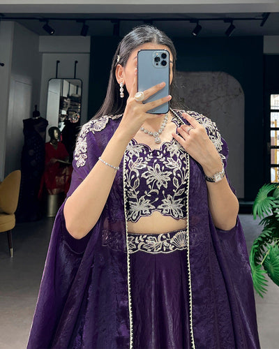 Purple Fendi Silk Embroidered Wedding Lehenga Choli for Women