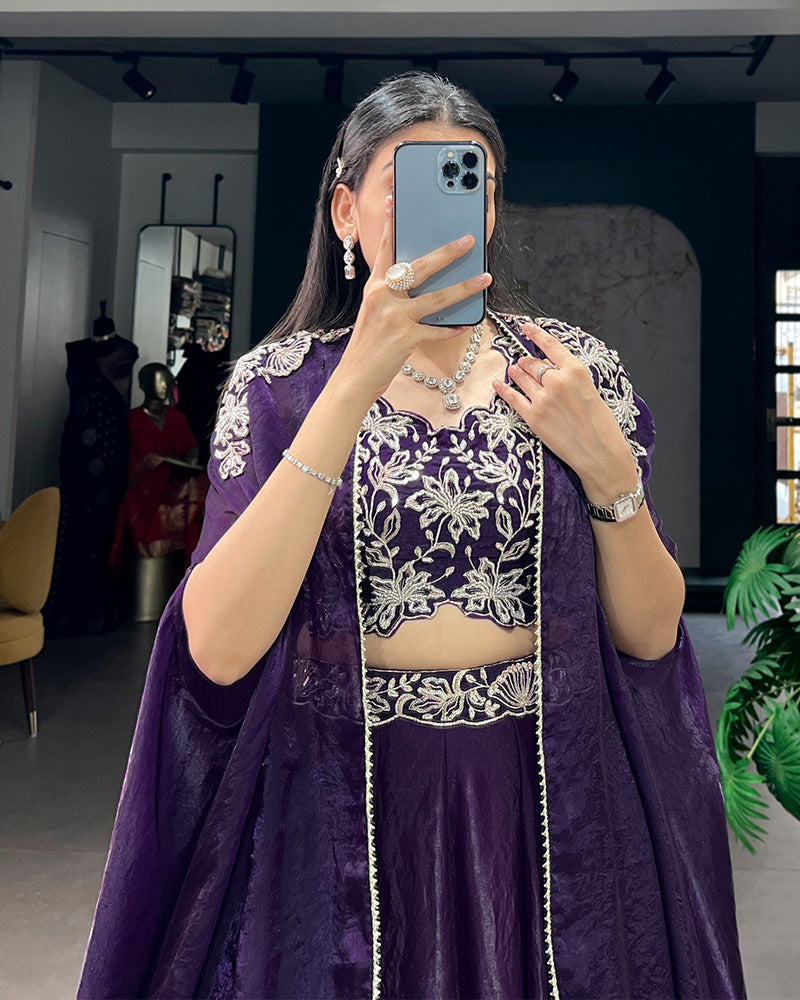 Purple Fendi Silk Embroidered Wedding Lehenga Choli for Women