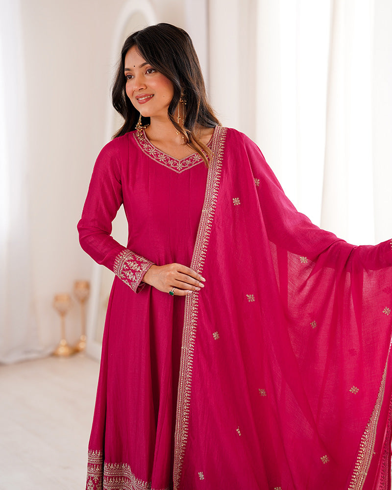 Rani Pink Vichitra Silk Embroidered Anarkali Suit for Women