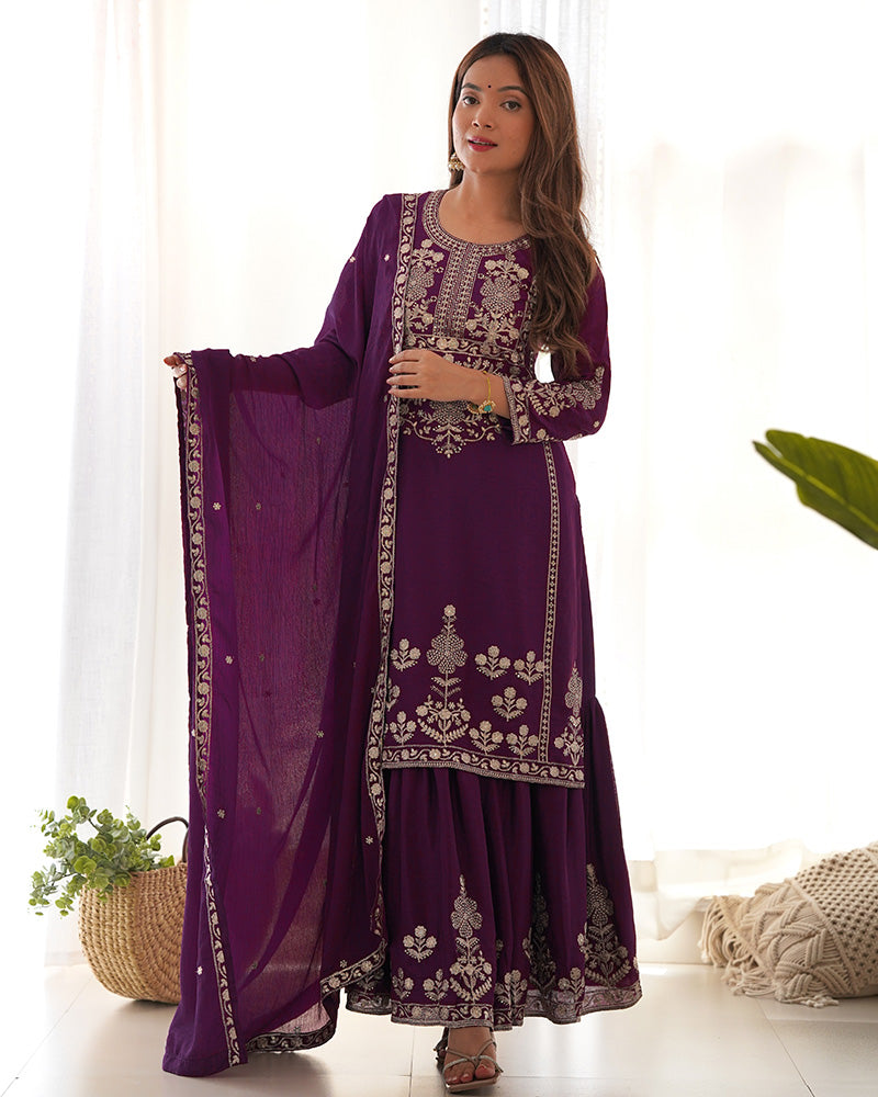 Wine Chinon Embroidered Wedding Wear Sharara Suit for Women