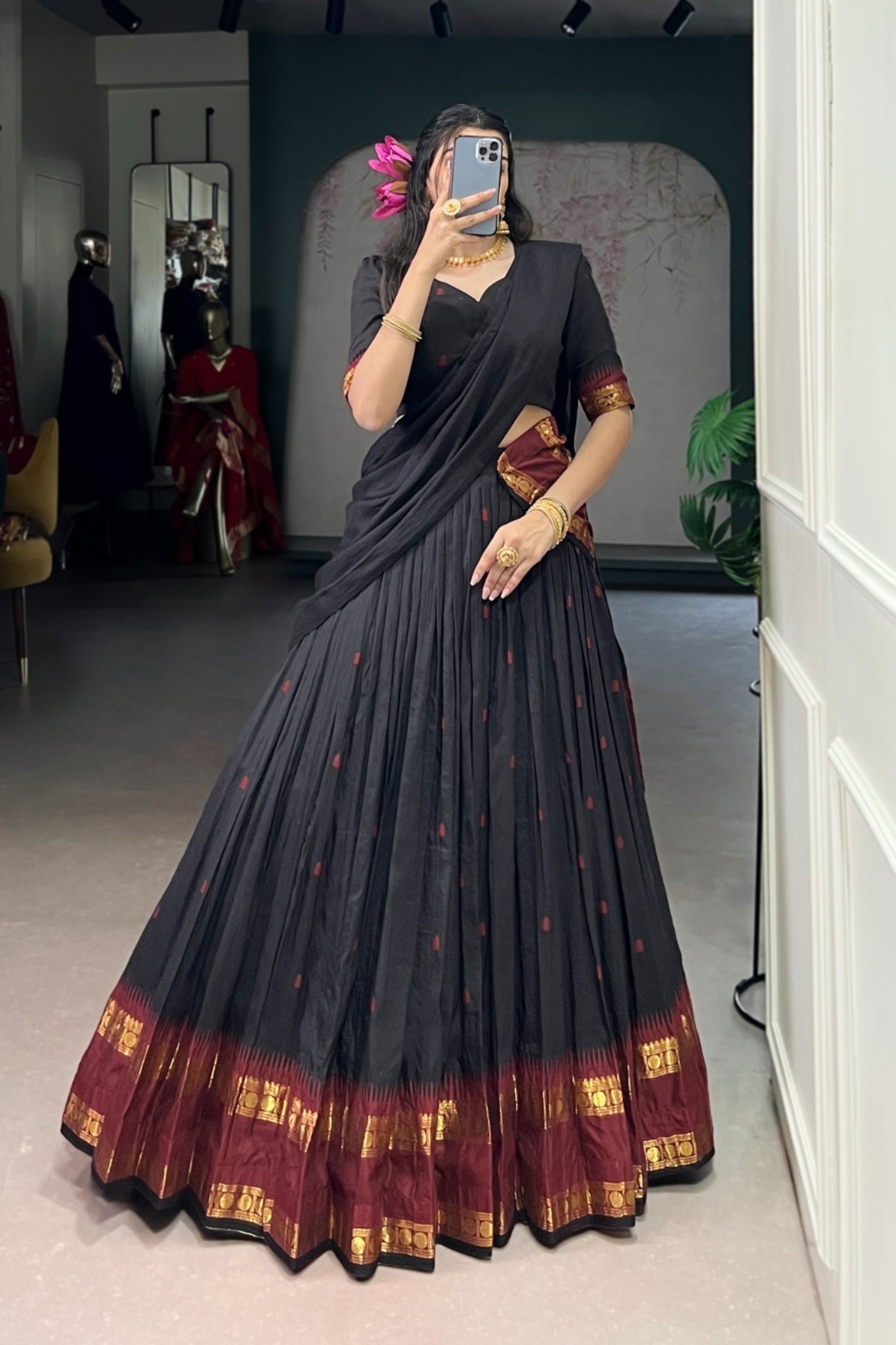Brown Pure Chanderi Zari Weaving Work South Indian Lehenga Choli