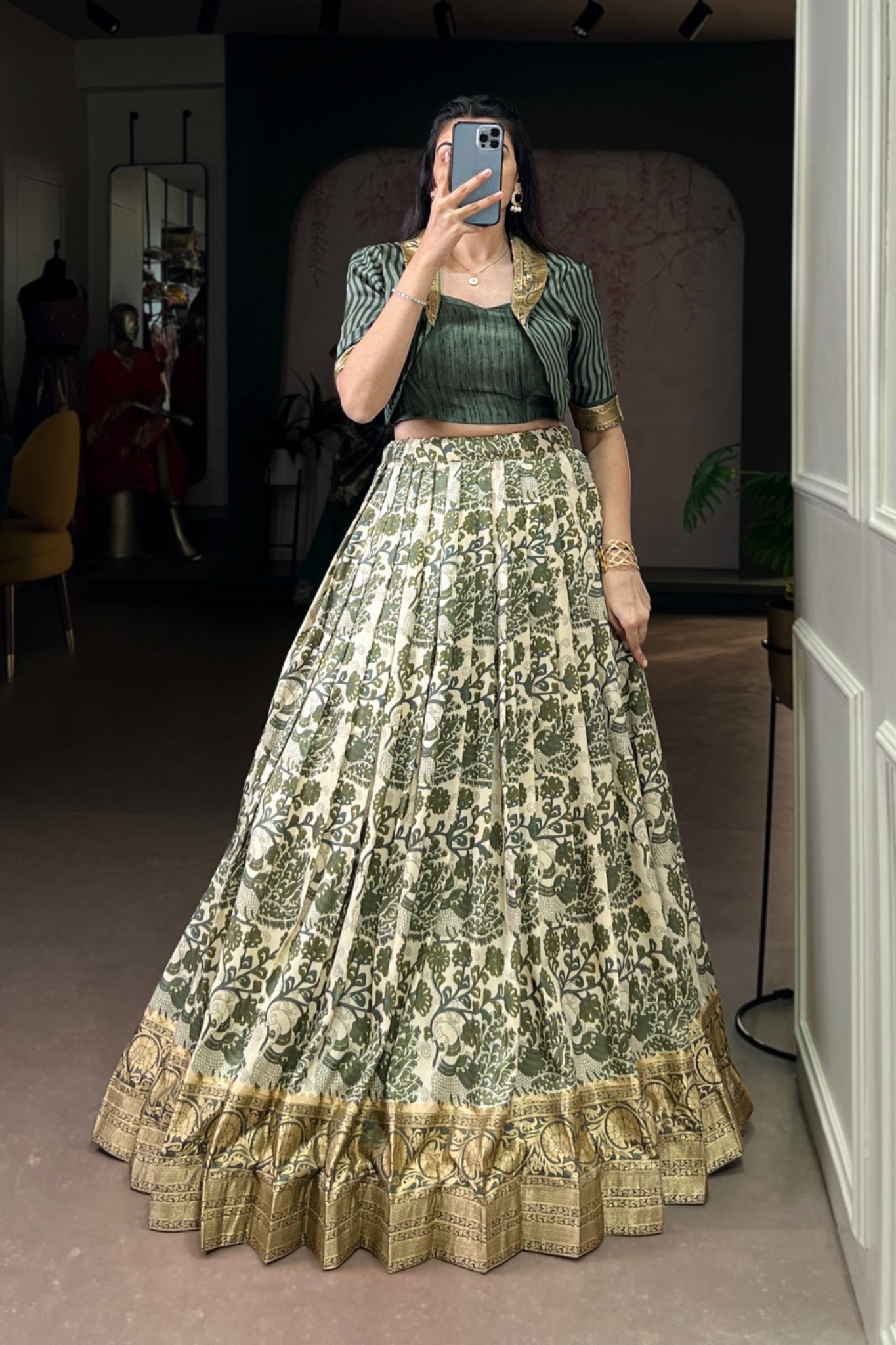Lavender Handcrafted Tasar Silk Printed With Viscose Border Lehenga Choli