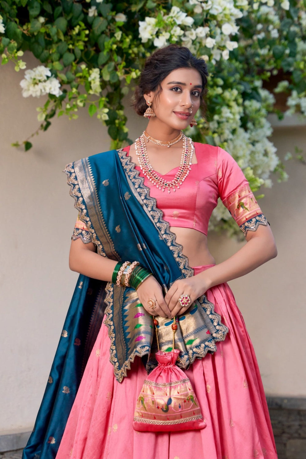 Light Pink Traditional Paithani Jacquard Sik Lehenga Set For Wedding