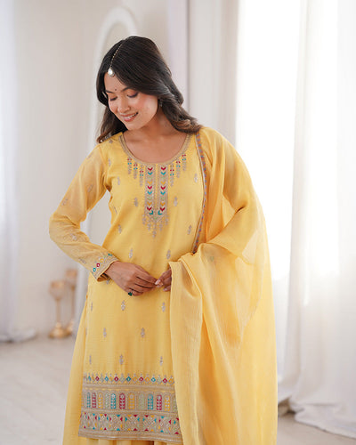 Yellow Crunchy Silk Embroidered Festive Palazzo Suit for Women