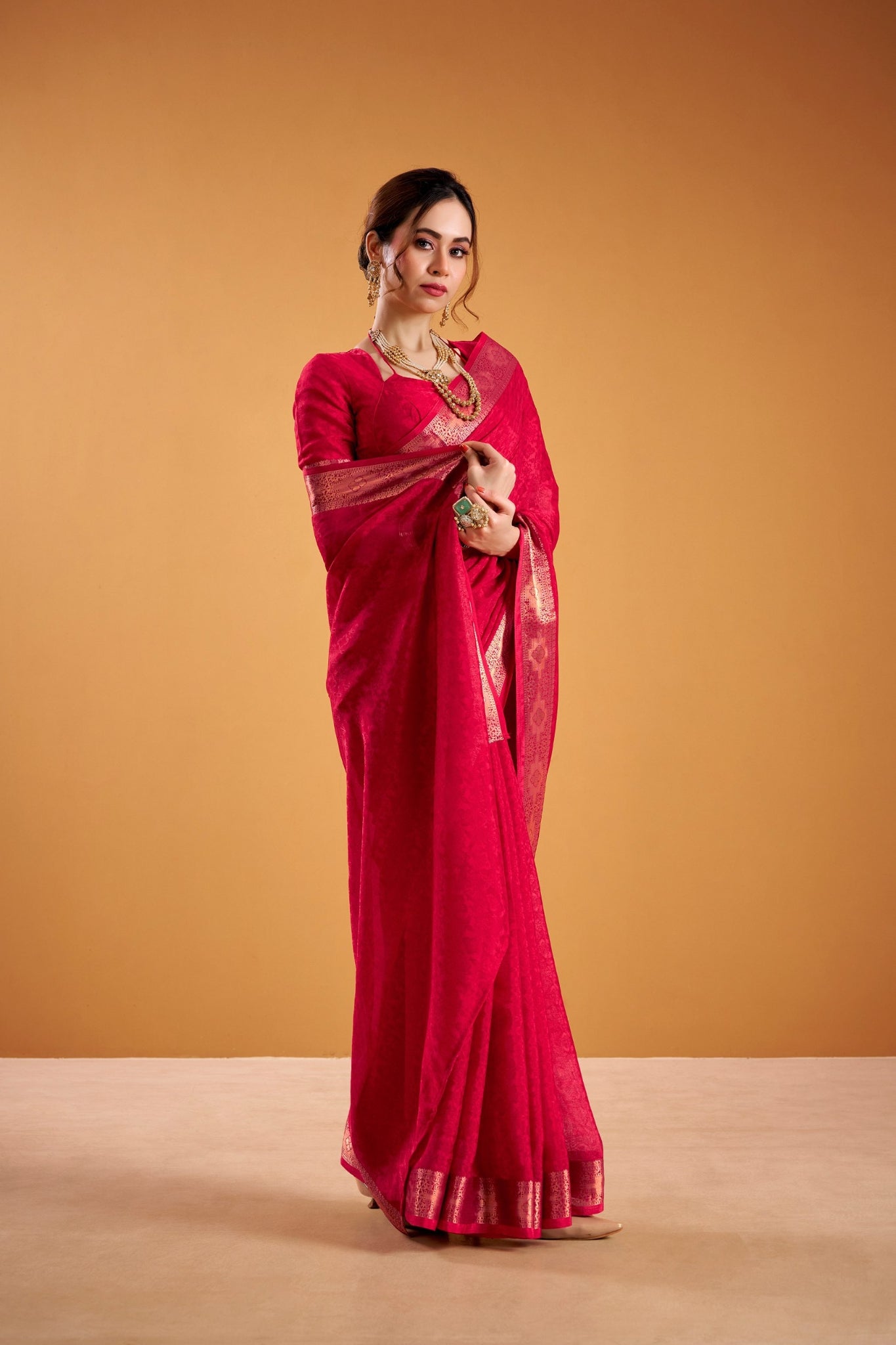 Poly Shimmer Woven Contrast Border Festive Saree for Women