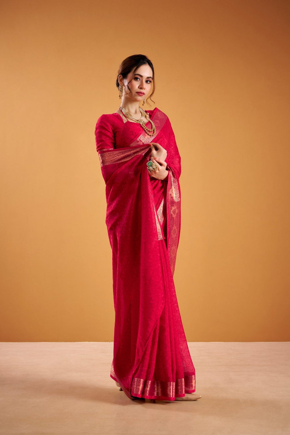 Poly Shimmer Woven Contrast Border Festive Saree for Women