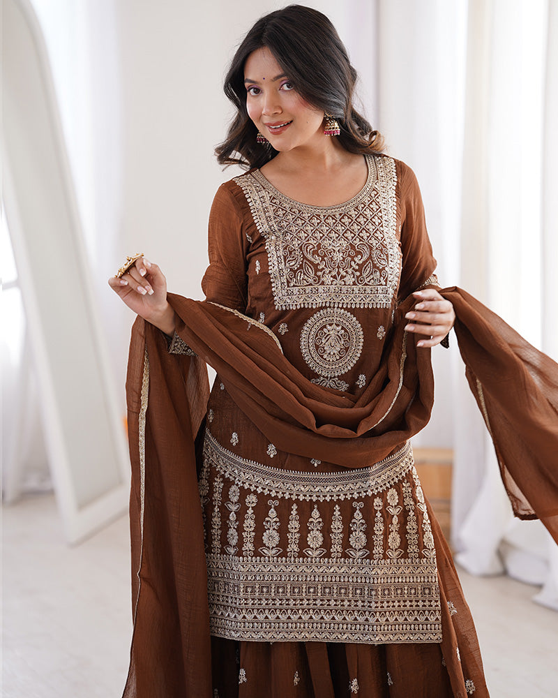 Brown Crunchy Silk Festive Sharara Suit for Women