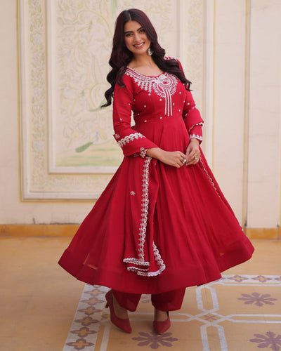 Royal Red Mal Chanderi Cotton Festive Anarkali Suit for Women