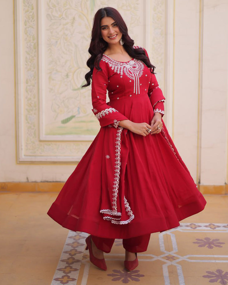 Royal Red Mal Chanderi Cotton Festive Anarkali Suit for Women