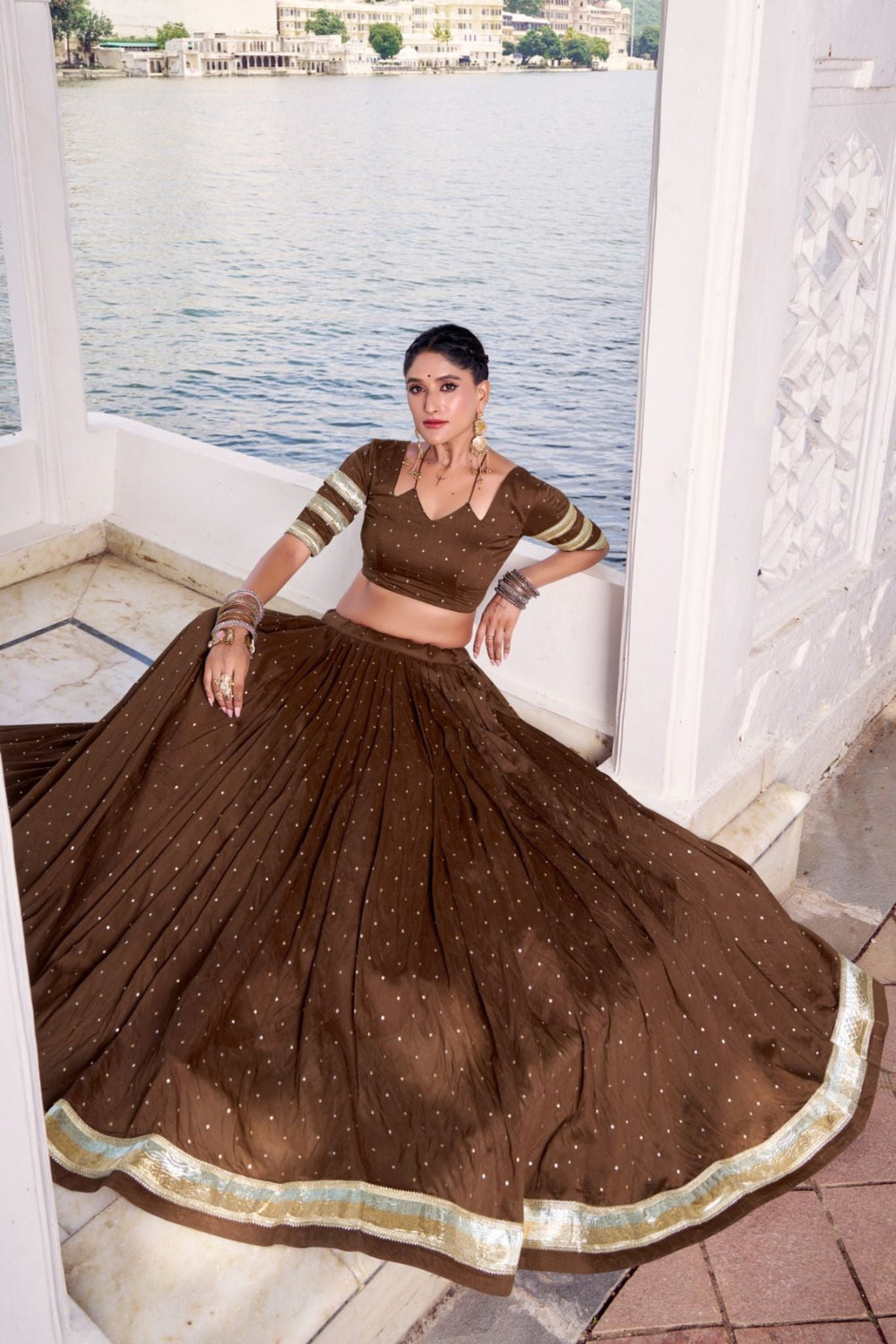 Brown Pure Chanderi Zari Weaving Lehenga Choli Set For Festive And Wedding Special