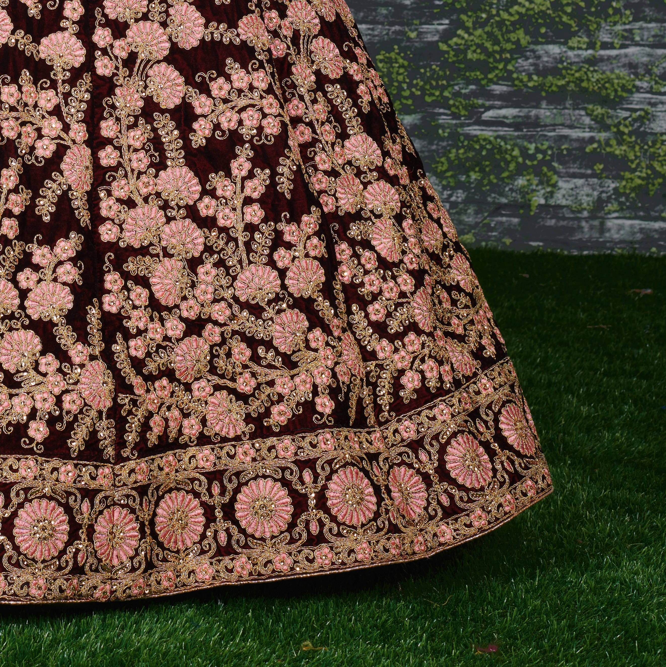 Maroon Thread Embroidered Velvet Silk Bridal Lehenga Choli and Pastel Pink Dupatta