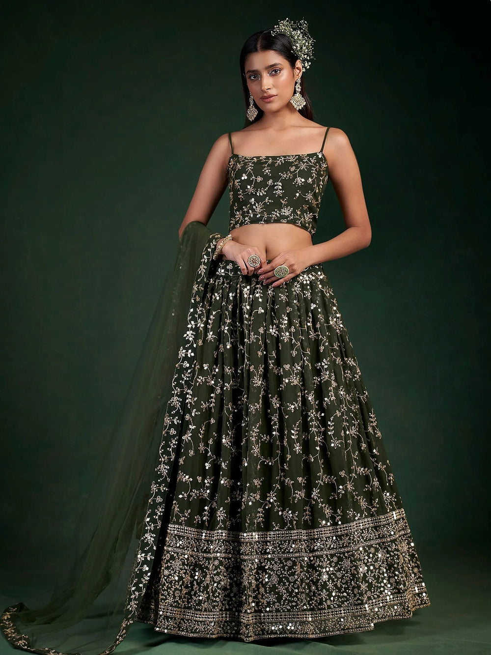 Desirable Olive Green Sequins Embroidered Georgette Event Wear Lehenga Choli