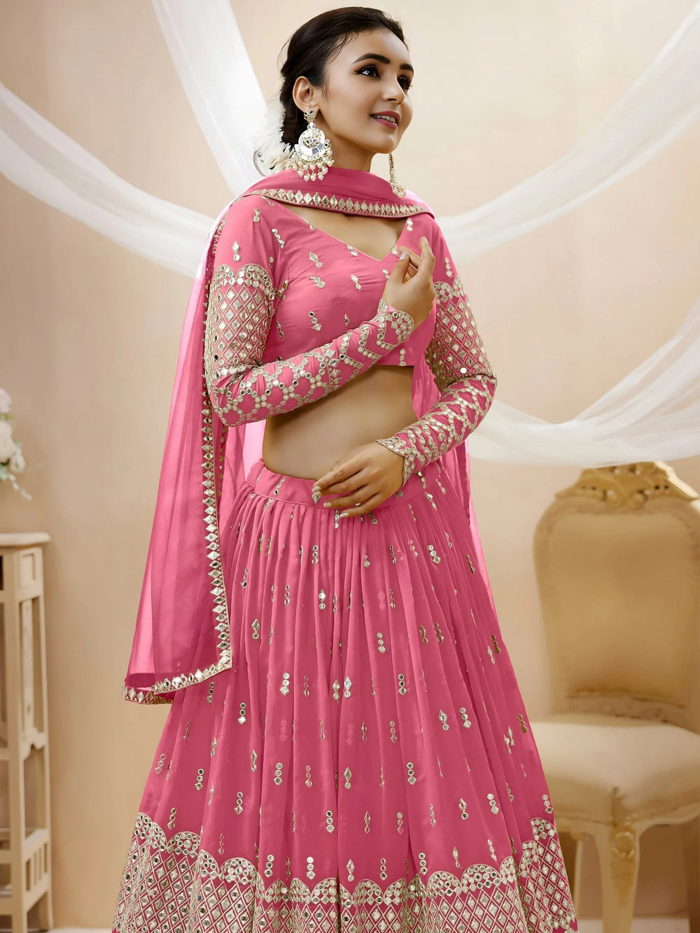 Pink Sequins Georgette Engagement Lehenga Choli Occasion Wear