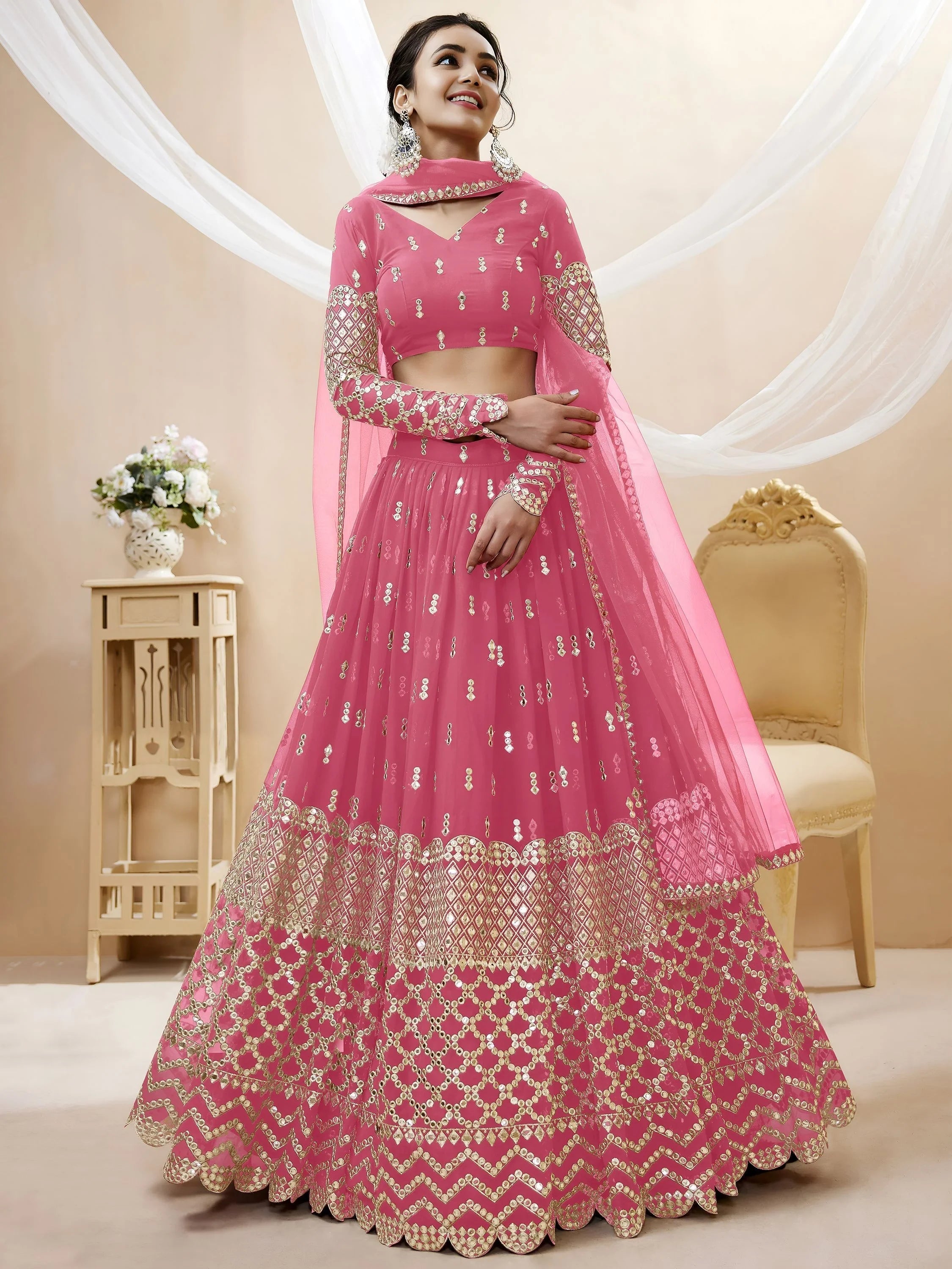Pink Sequins Georgette Engagement Lehenga Choli Occasion Wear