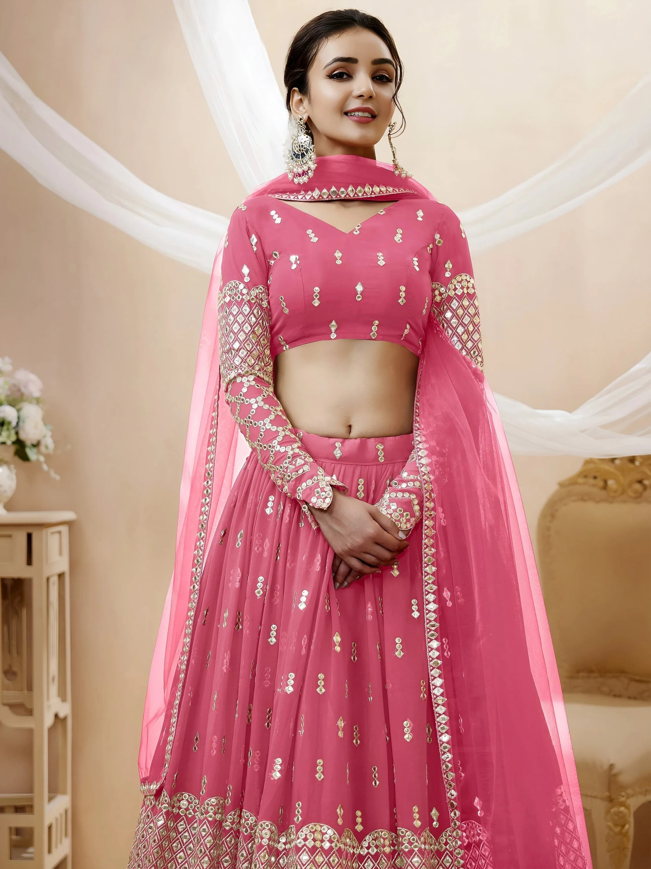 Pink Sequins Georgette Engagement Lehenga Choli Occasion Wear