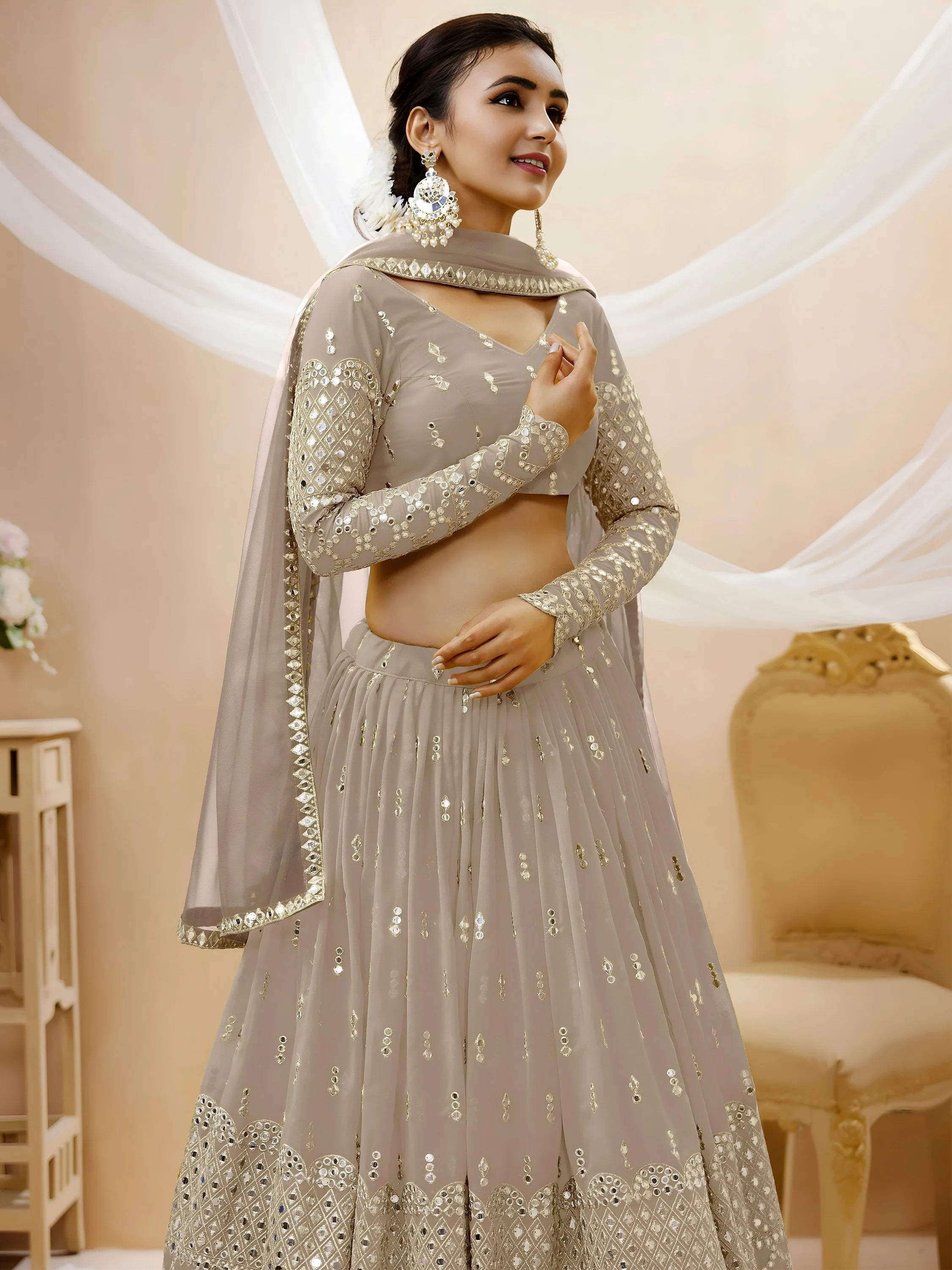 Magnetic Grey Zari Work Georgette Reception Lehenga Choli for Women