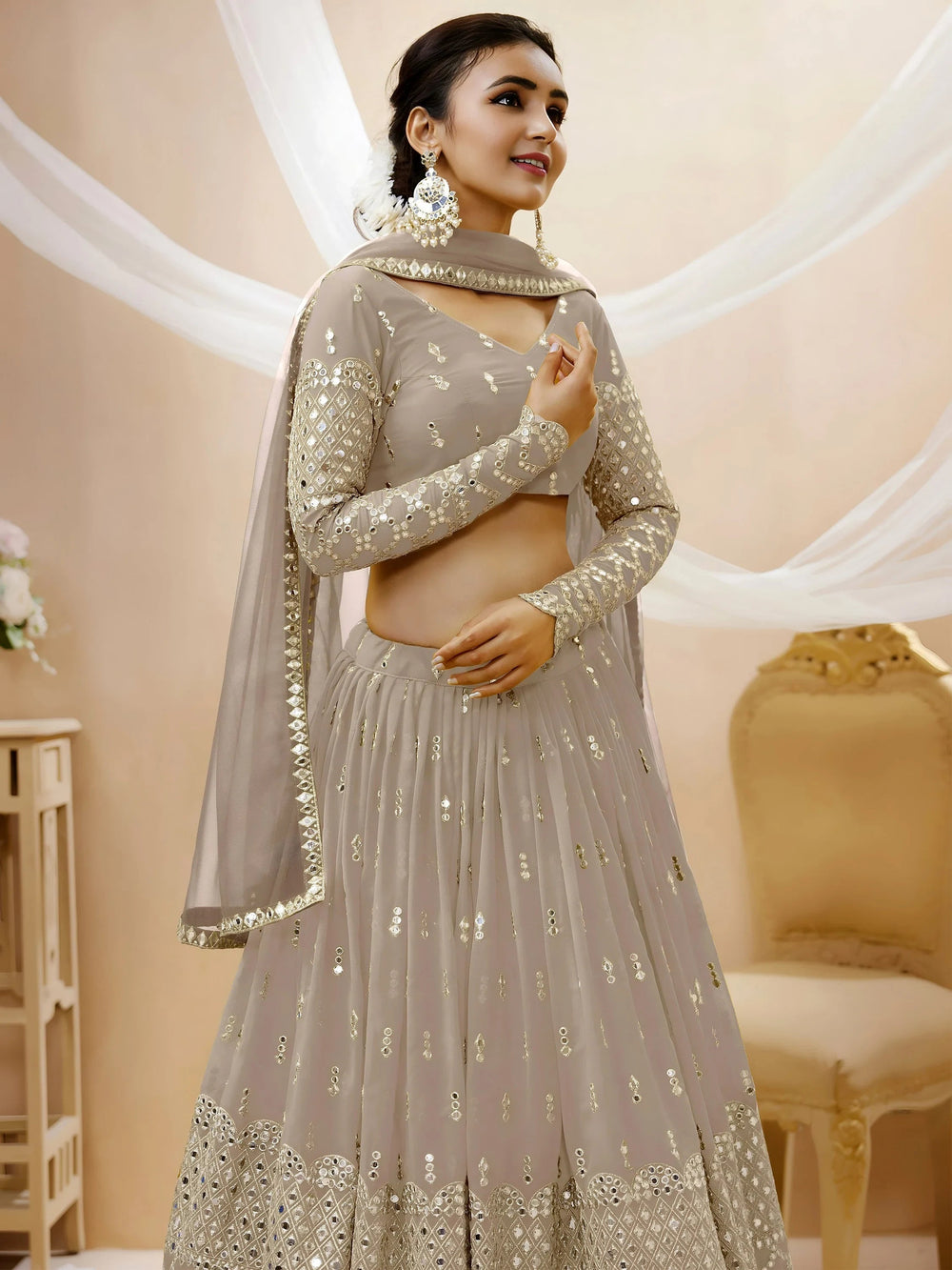 Magnetic Grey Zari Work Georgette Reception Lehenga Choli for Women