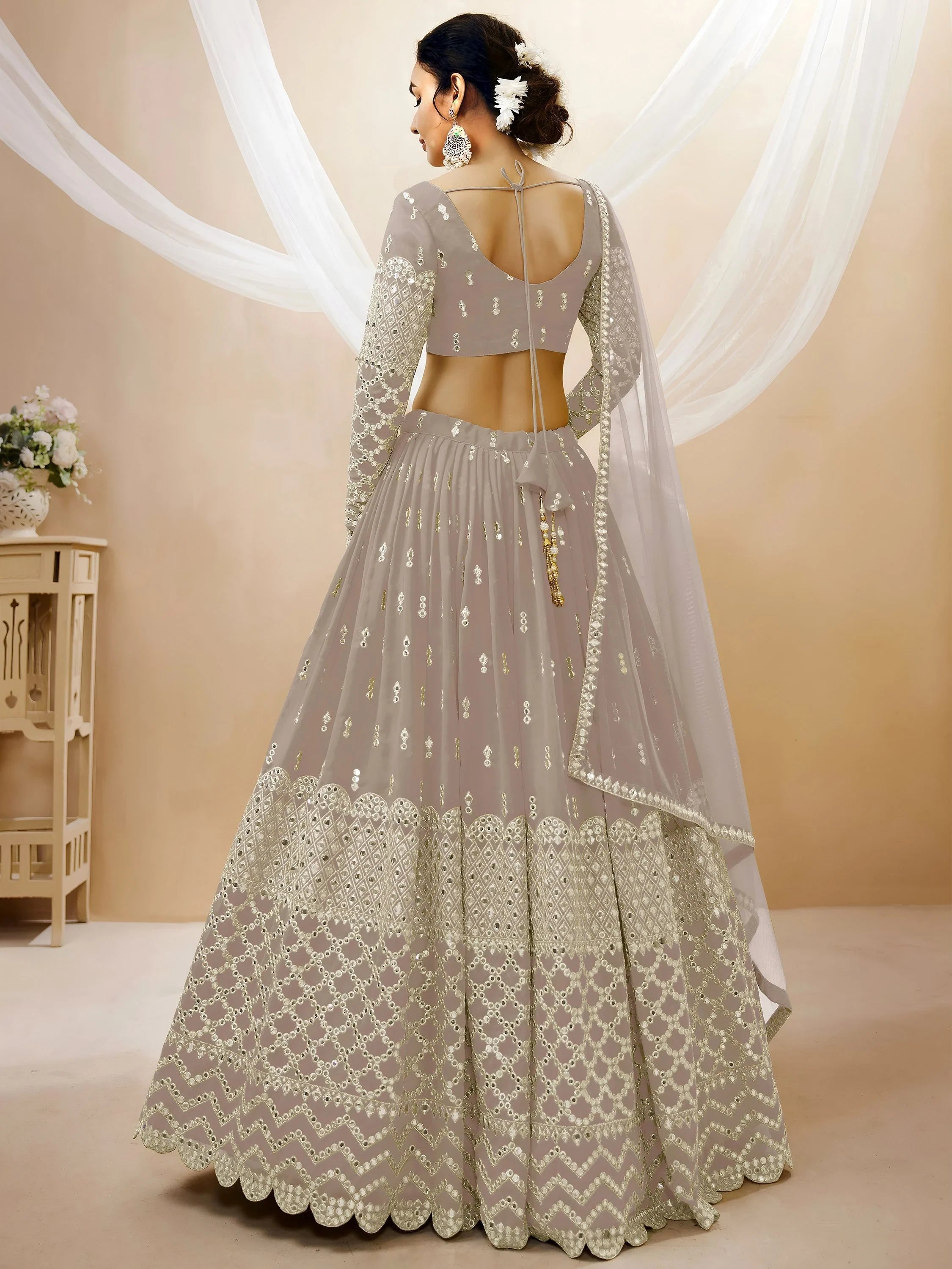 Magnetic Grey Zari Work Georgette Reception Lehenga Choli for Women